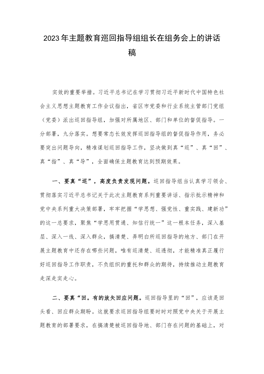 2023年主题教育巡回指导组组长在组务会上的讲话稿.docx_第1页