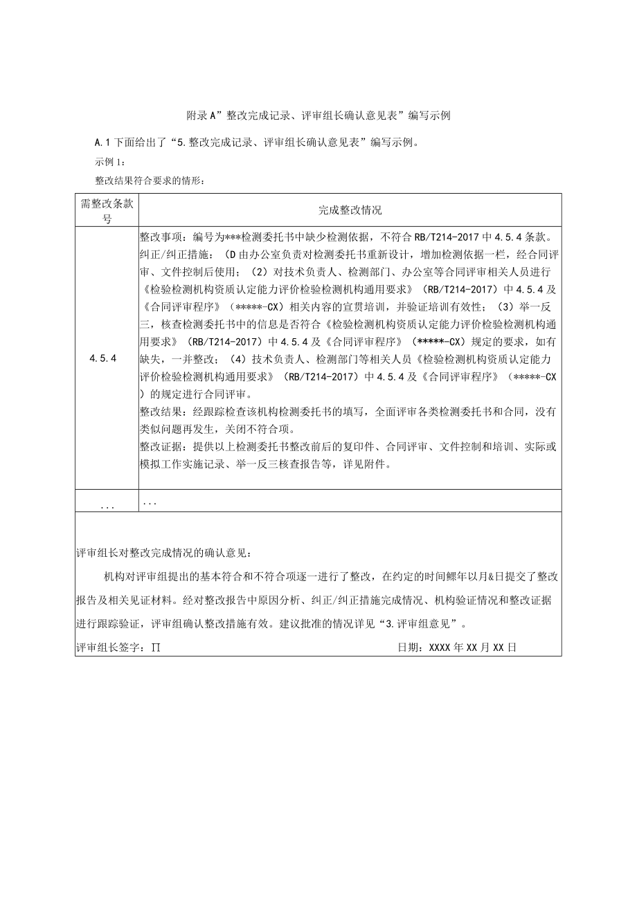 检验检测机构资质认定评审整改完成记录、评审组长确认意见表编写示例.docx_第1页