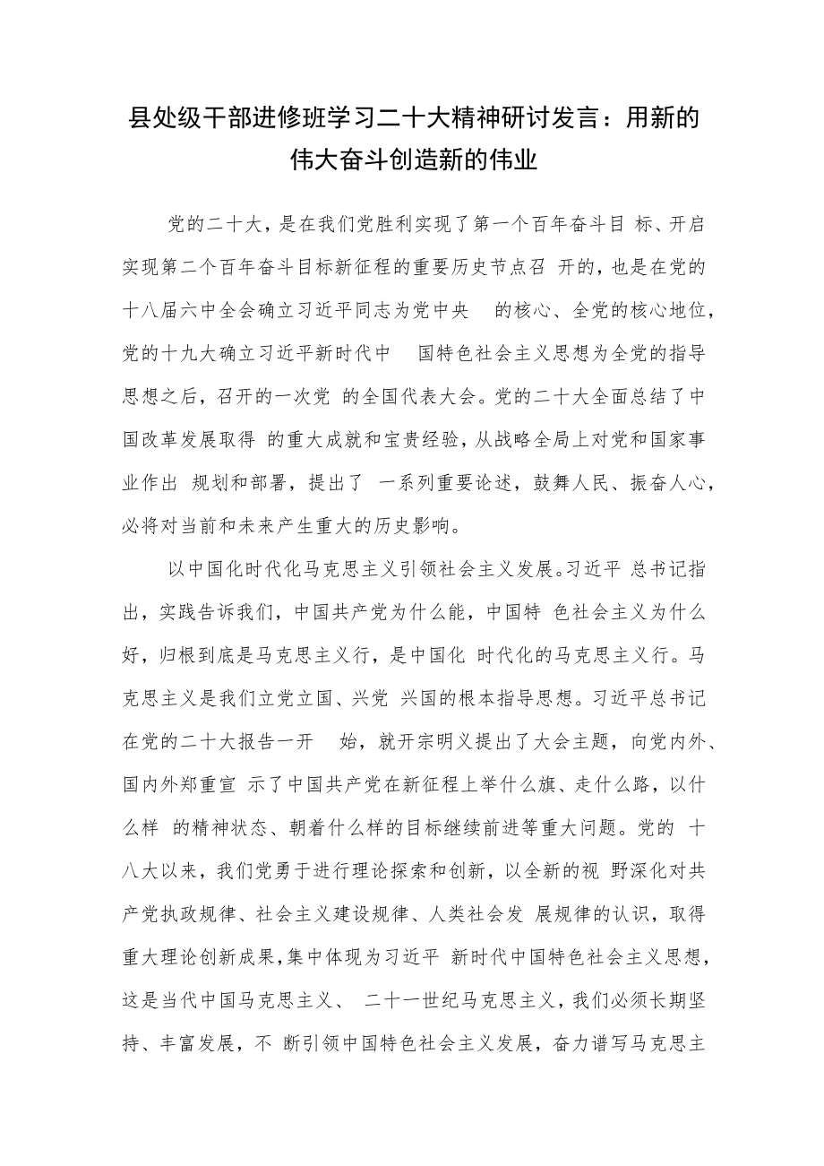 县处级干部进修班学习二十大精神研讨发言：用新的伟大奋斗创造新的伟业.docx_第1页