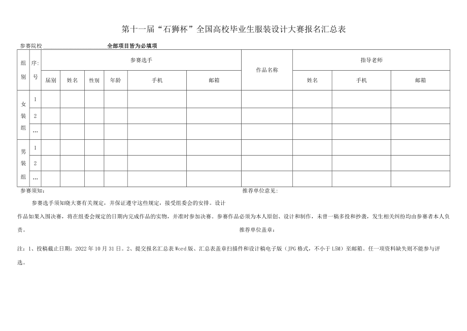 第十一届“石狮杯”全国高校毕业生服装设计大赛报名汇总表.docx_第1页