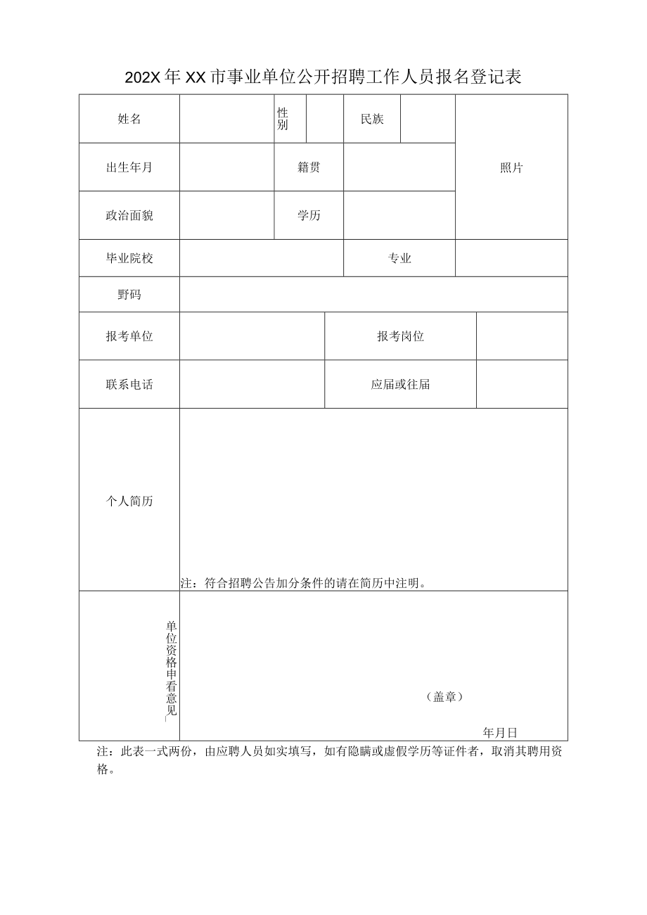 202X年XX市事业单位公开招聘工作人员报名登记表.docx_第1页