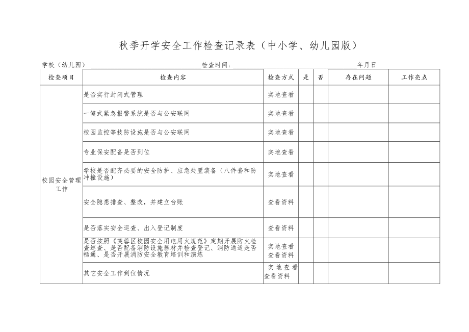 秋季开学安全工作检查记录表（中小学、幼儿园版）.docx_第1页