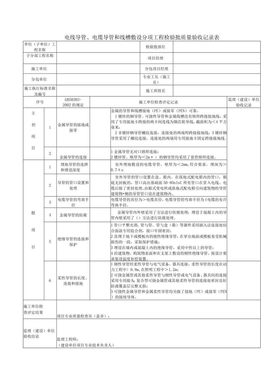 电线导管、电缆导管和线槽敷设分项工程检验批质量验收记录表.docx_第1页