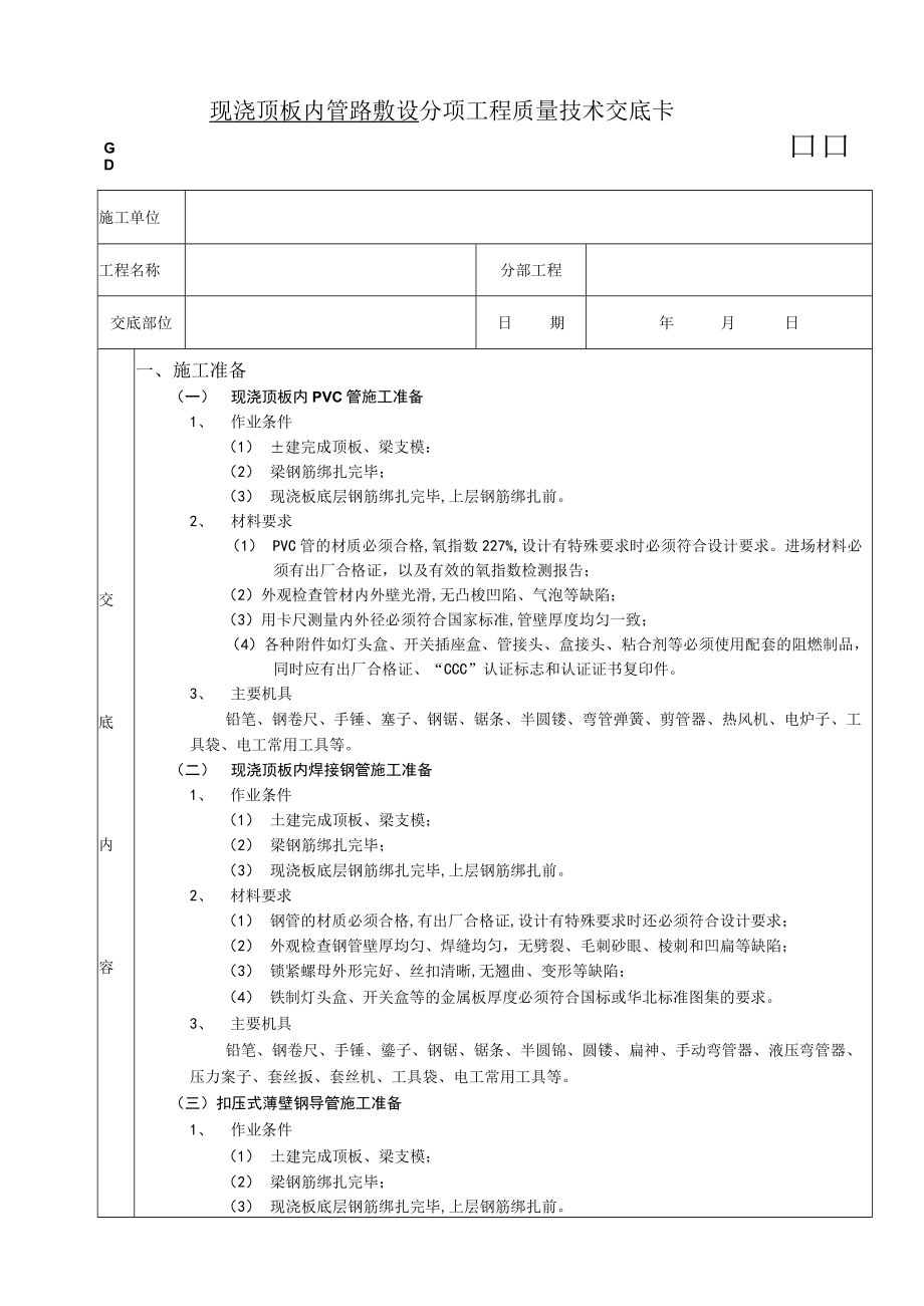 现浇顶板内管路敷设工程技术交底模板.docx_第1页