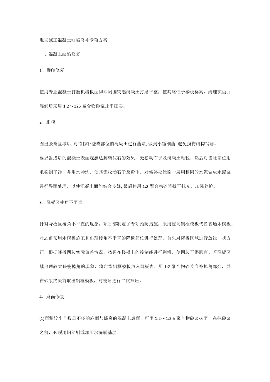 现场施工混凝土缺陷修补专项方案.docx_第1页