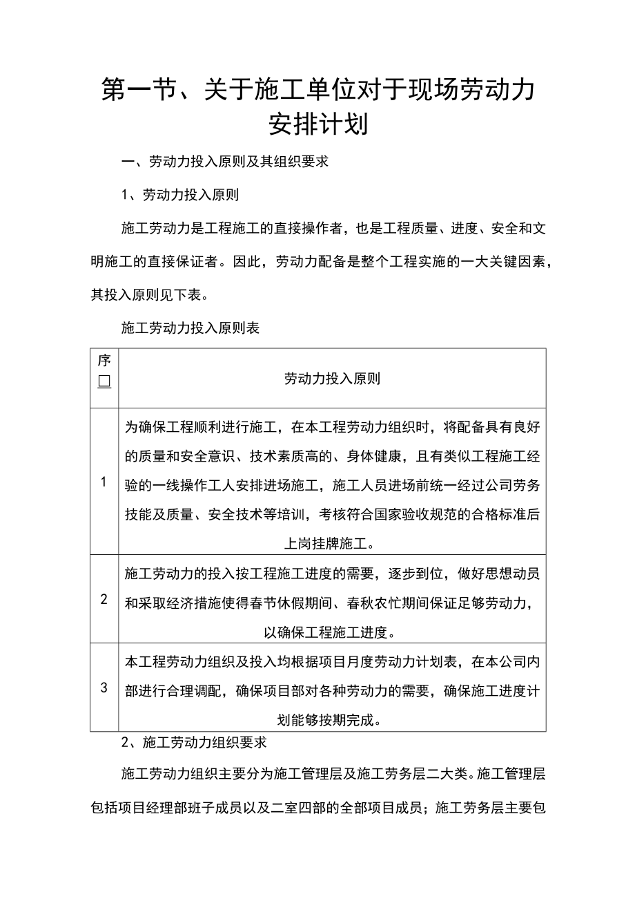 第一节、关于施工单位对于现场劳动力安排计划.docx_第1页