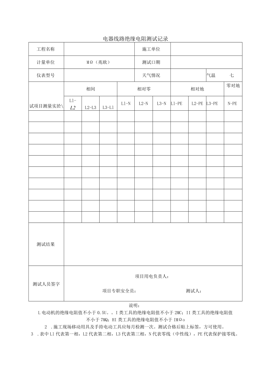 电器线路绝缘电阻测试记录.docx_第1页