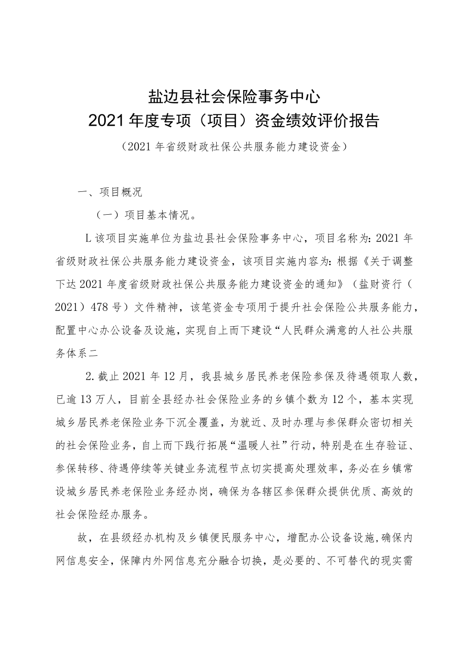 盐边县社会保险事务中心2021年度专项项目资金绩效评价报告.docx_第1页