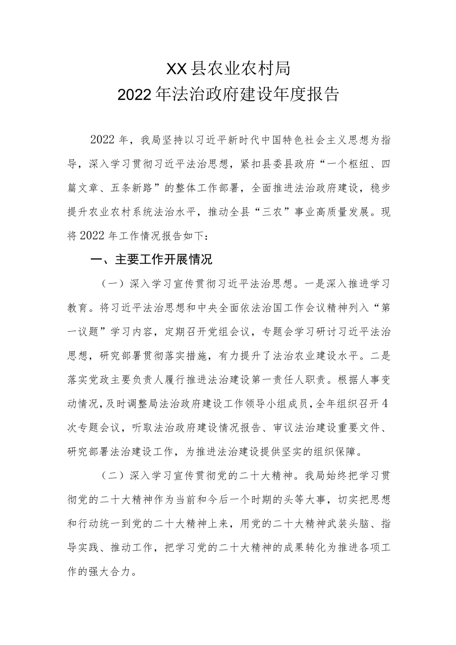 XX县农业农村局2022年法治政府建设年度报告.docx_第1页