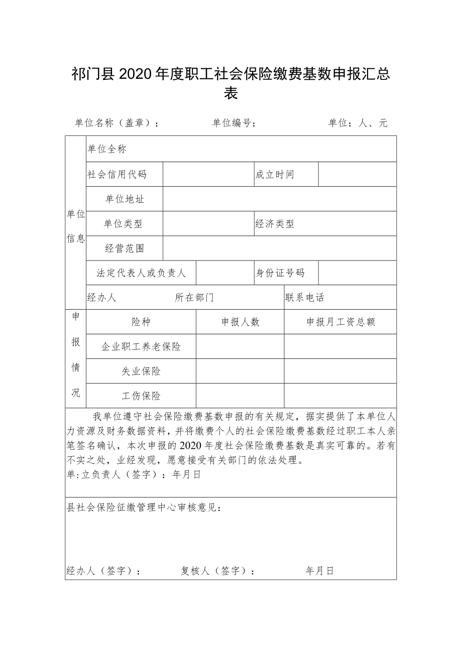 祁门县2020年度职工社会保险缴费基数申报汇总表.docx_第1页