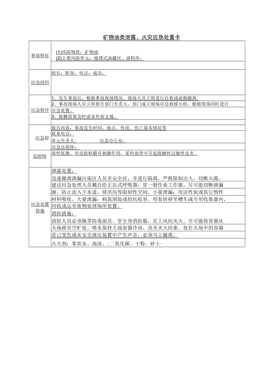 矿物油类泄露、火灾应急处置卡.docx_第1页