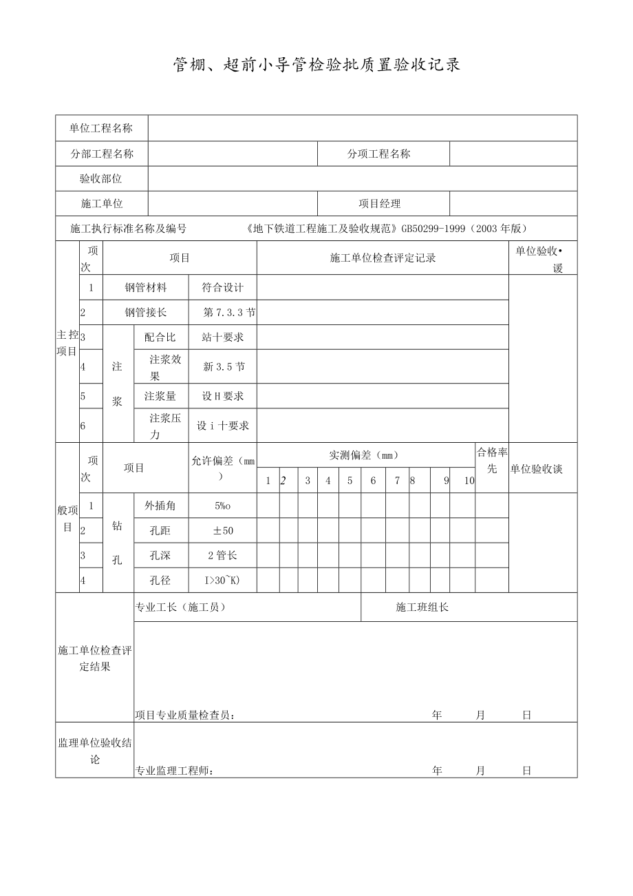 管棚、超前小导管检验批质量验收记录.docx_第1页