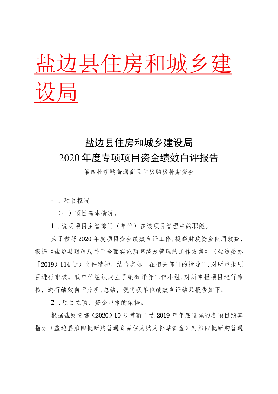 盐边县住房和城乡建设局2020年度专项项目资金绩效自评报告.docx_第1页