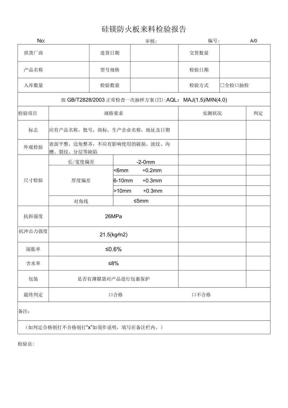 硅镁防火板来料检验报告.docx_第1页