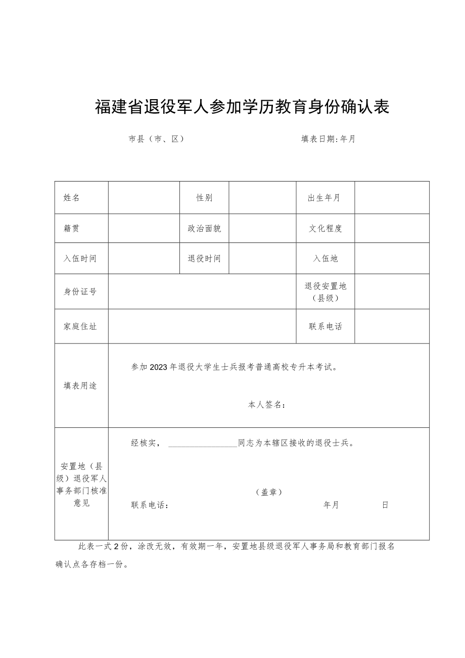 福建省退役军人参加学历教育身份确认表.docx_第1页