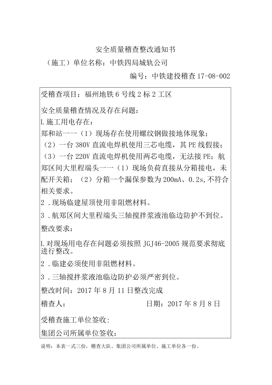 稽查中铁四局城轨公司福州地铁6号线2标2工区.docx_第1页