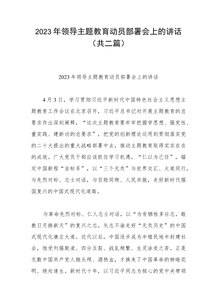 2023年领导主题教育动员部署会上的讲话(共二篇).docx_第1页