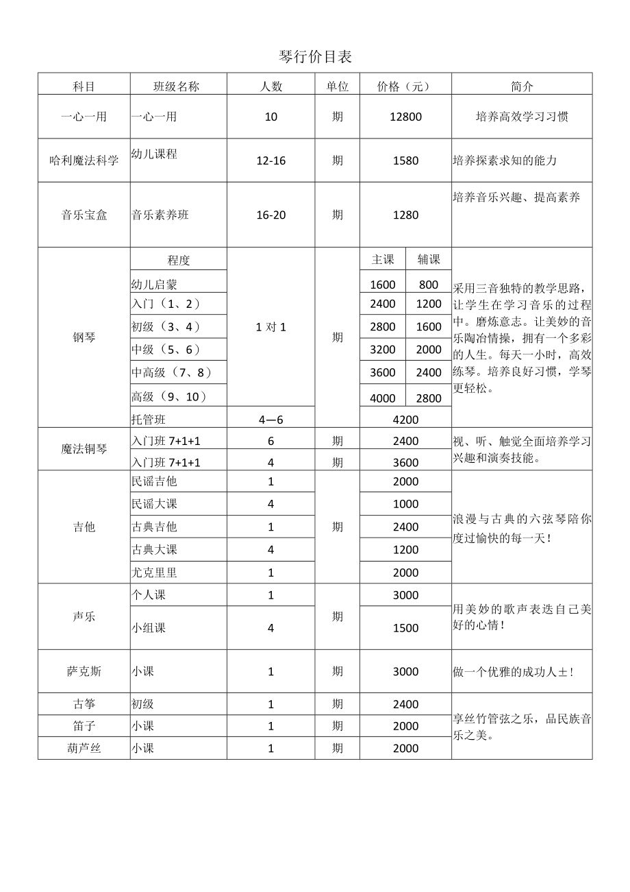 琴行价目表格.docx_第1页