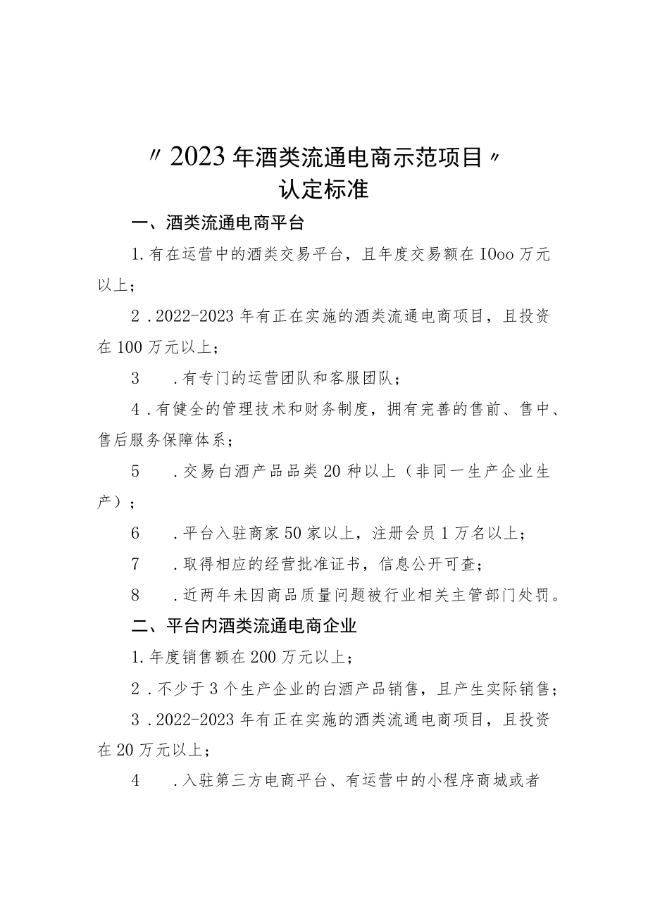 “2023酒类流通电商示范项目”认定标准、酒类流通电商平台、直播团队申报书撰写提纲.docx_第1页