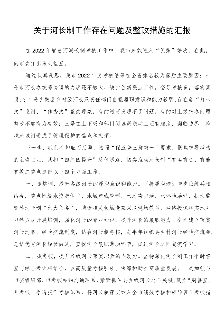 关于河长制工作存在问题及整改措施的汇报.docx_第1页