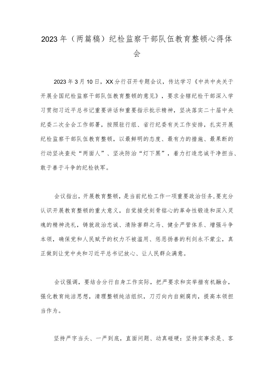 2023年（两篇稿）纪检监察干部队伍教育整顿心得体会.docx_第1页