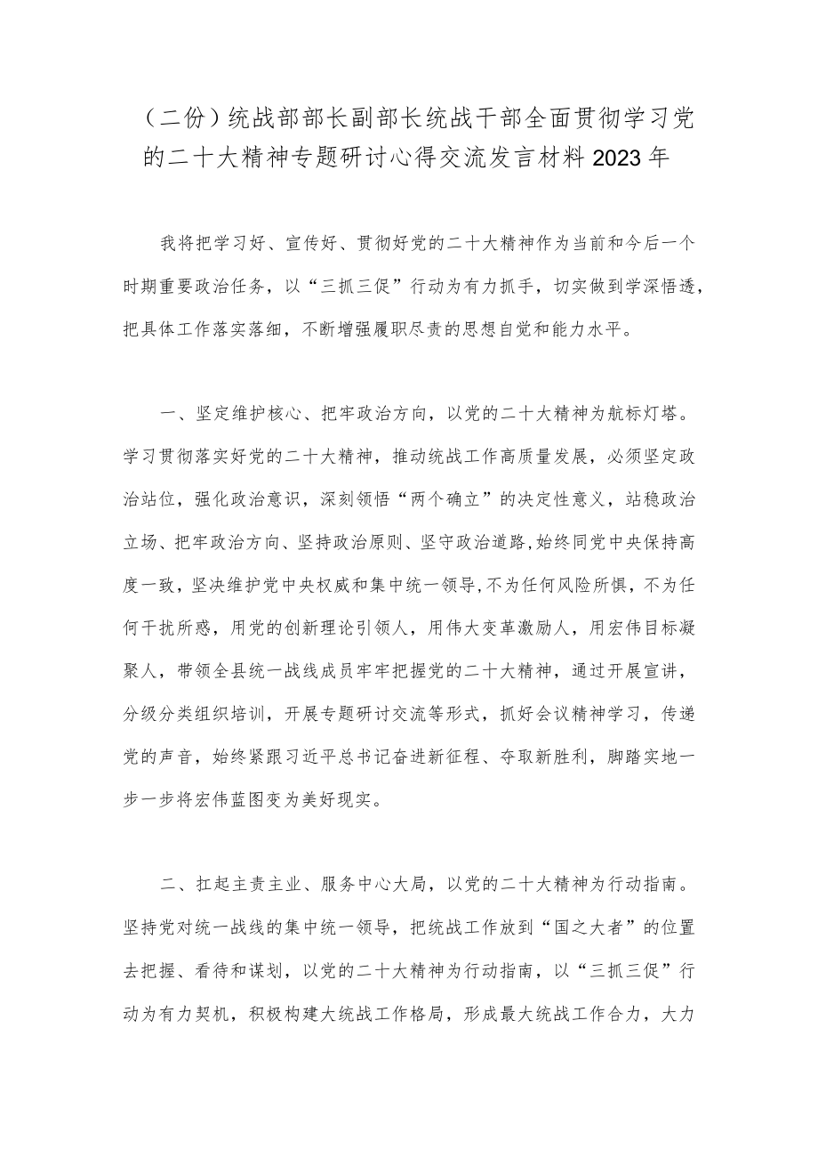 （二份）统战部部长副部长统战干部全面贯彻学习党的二十大精神专题研讨心得交流发言材料2023年.docx_第1页