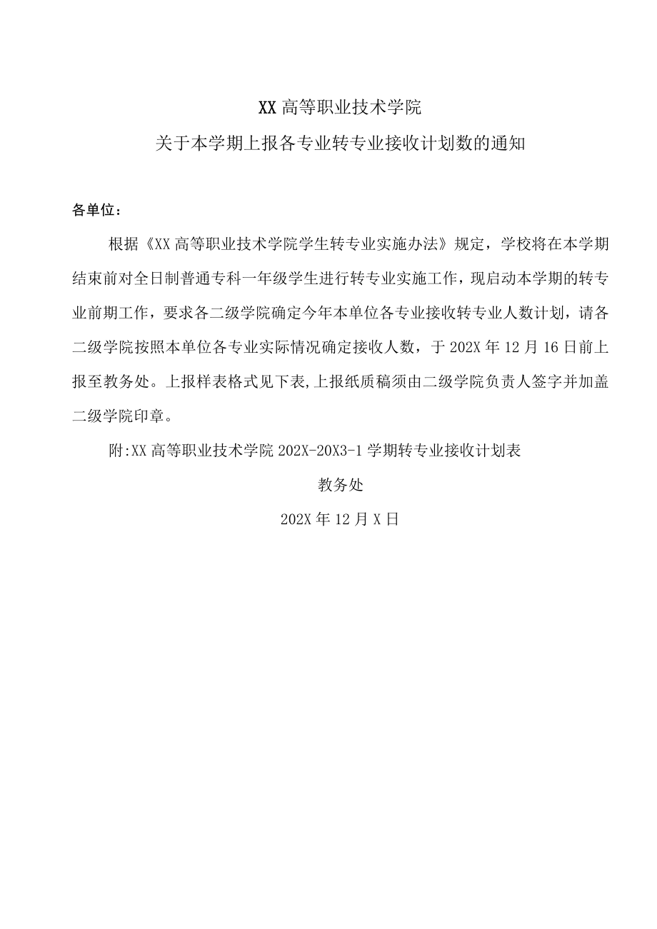 XX高等职业技术学院关于本学期上报各专业转专业接收计划数的通知.docx_第1页