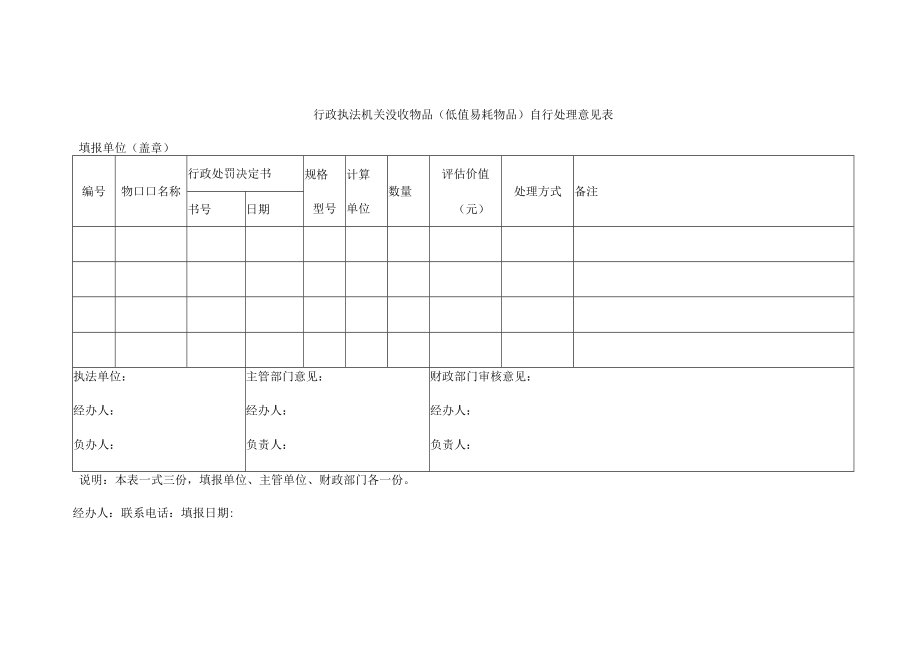 行政执法机关没收物品（低值易耗物品）自行处理意见表.docx_第1页