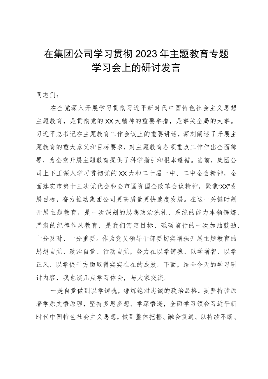 在集团公司学习贯彻2023年主题教育专题学习会上的研讨发言.docx_第1页