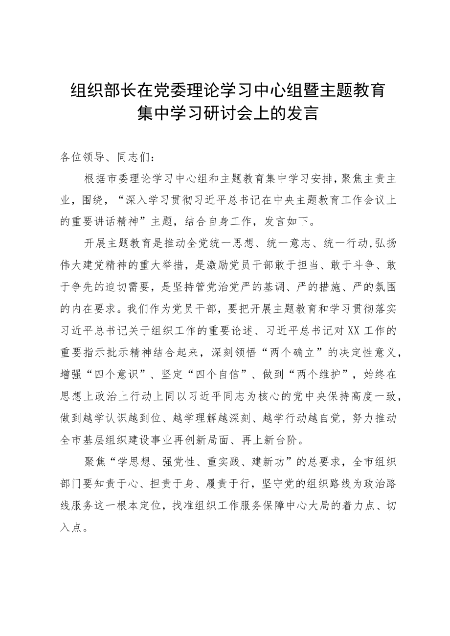 组织部长在党委理论学习中心组暨主题教育集中学习研讨会上的发言.docx_第1页