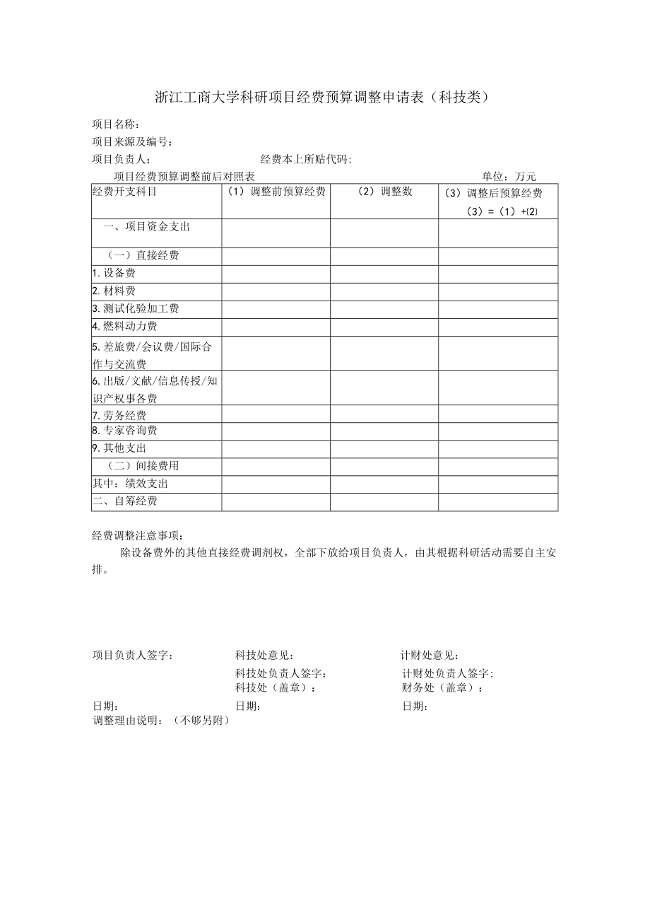 浙江工商大学科研项目经费预算调整申请表科技类.docx_第1页