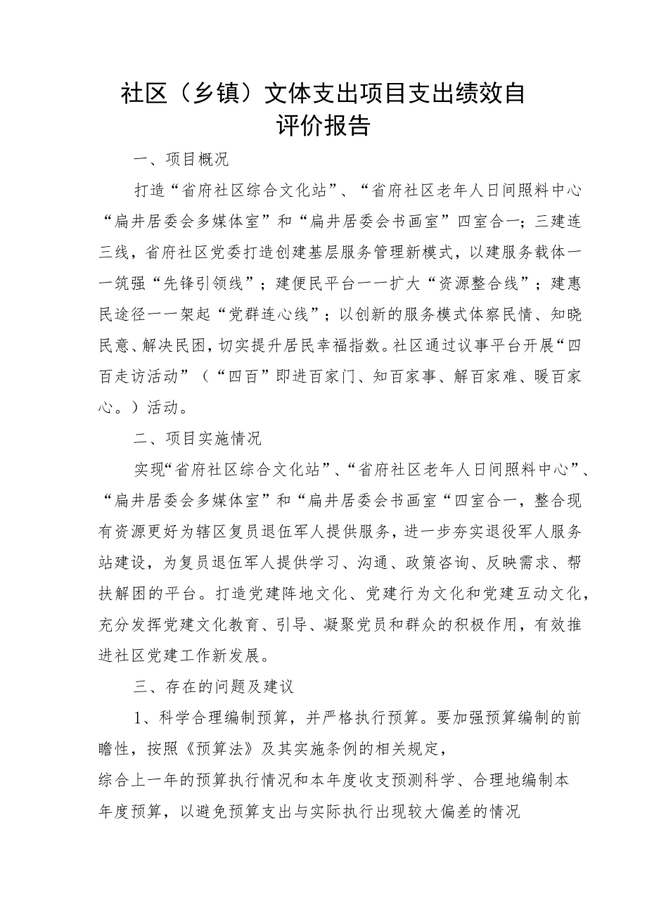 社区乡镇文体支出项目支出绩效自评价报告.docx_第1页