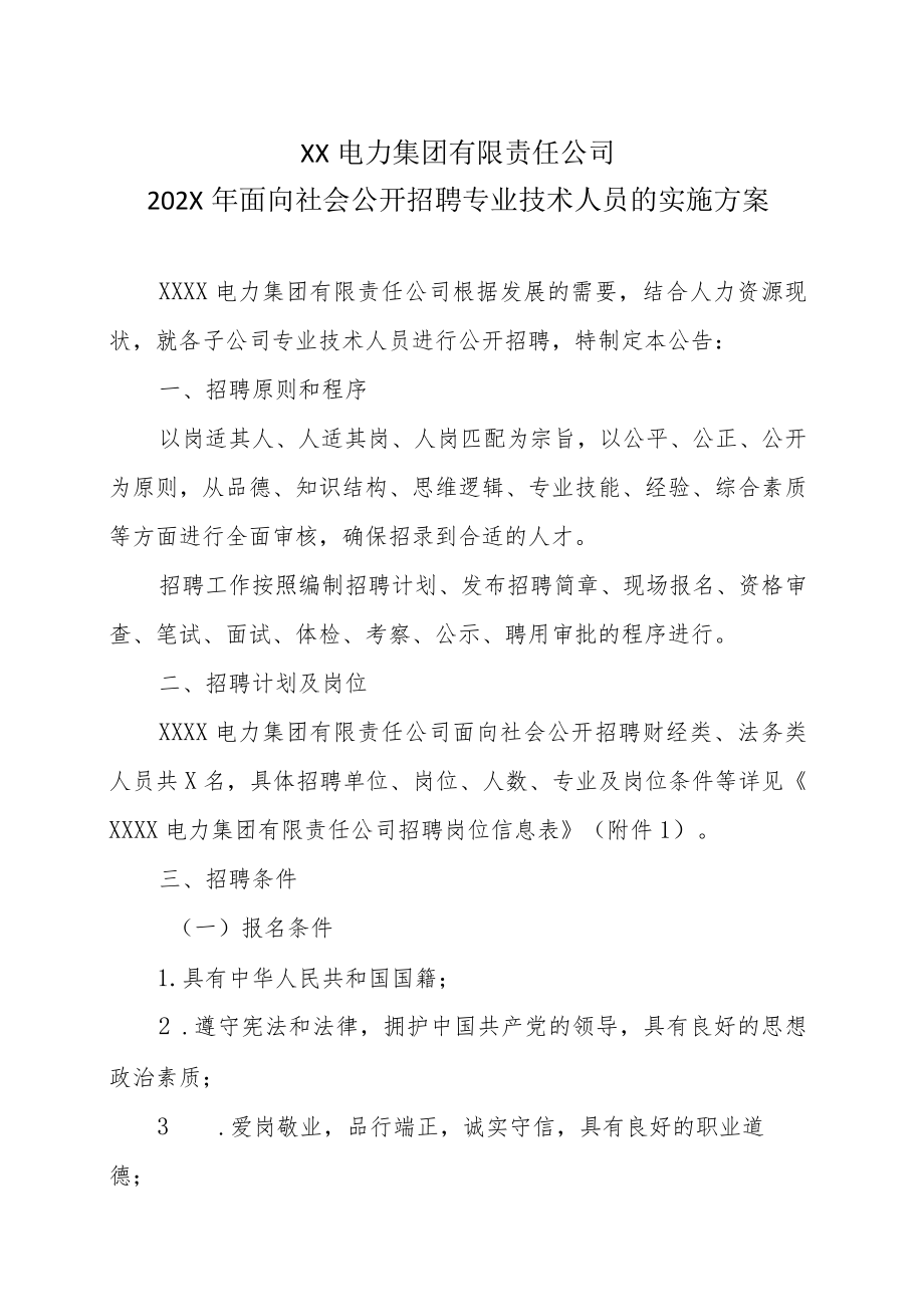 XX电力集团有限责任公司202X年面向社会公开招聘专业技术人员的实施方案.docx_第1页