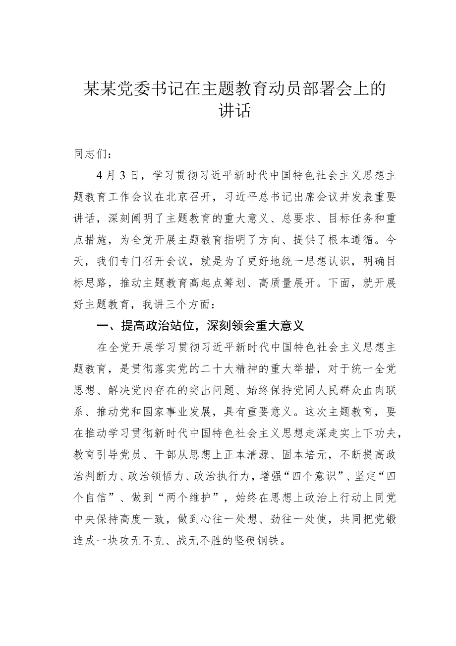 某某党委书记在主题教育动员部署会上的讲话.docx_第1页