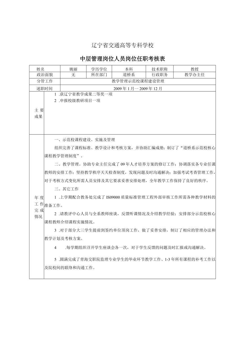 辽宁省交通高等专科学校中层管理岗位人员岗位任职考核表.docx_第1页