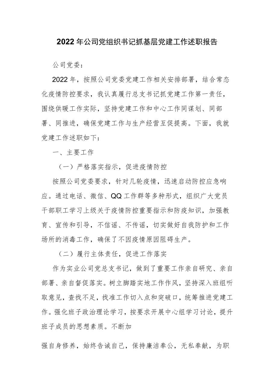 2022年公司党组织书记抓基层党建工作述职报告.docx_第1页