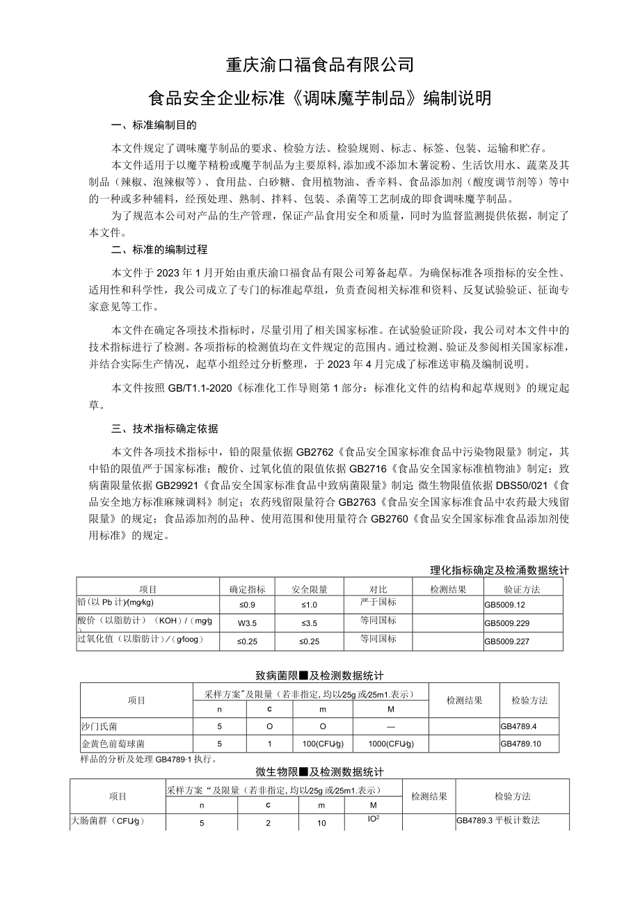 重庆渝口福食品有限公司食品安全企业标准《调味魔芋制品》编制说明.docx_第1页