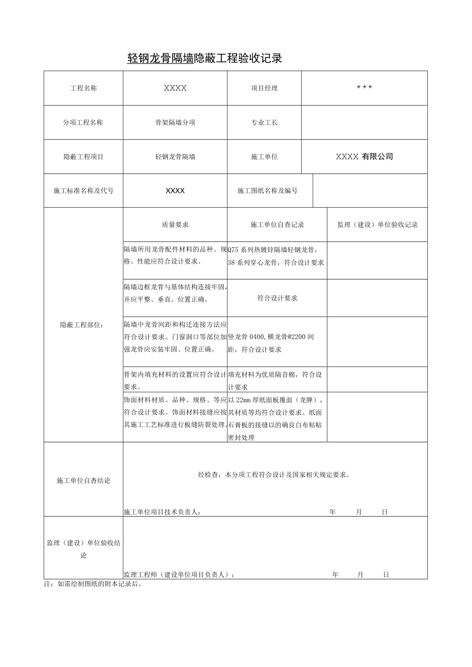 轻钢龙骨隔墙隐蔽工程验收记录.docx_第1页