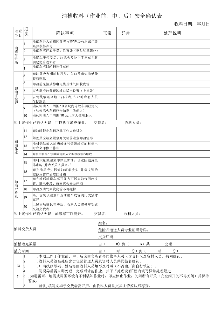 油槽收料（作业前、中、后）安全确认表.docx_第1页