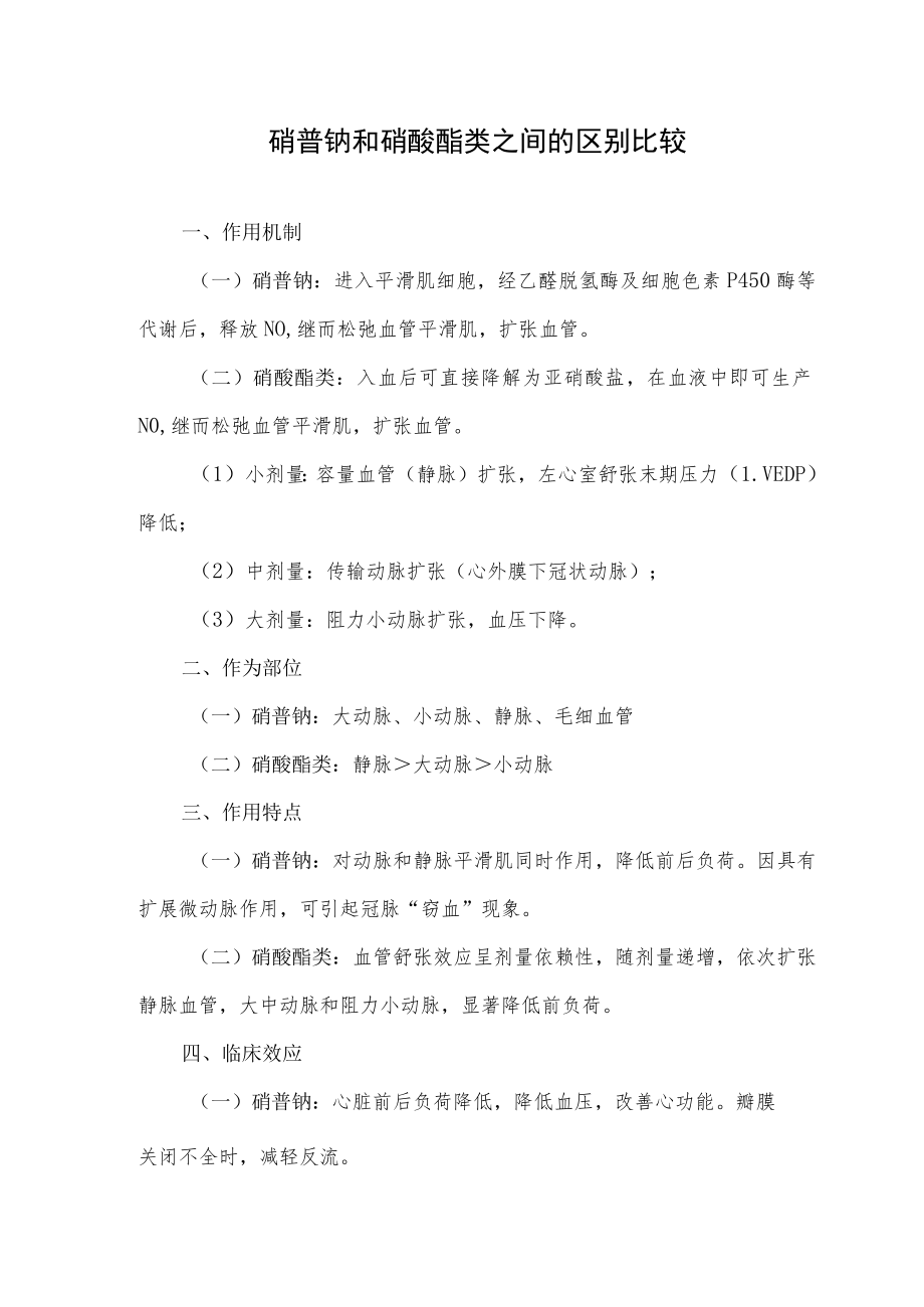 硝普钠和硝酸酯类之间的区别比较.docx_第1页