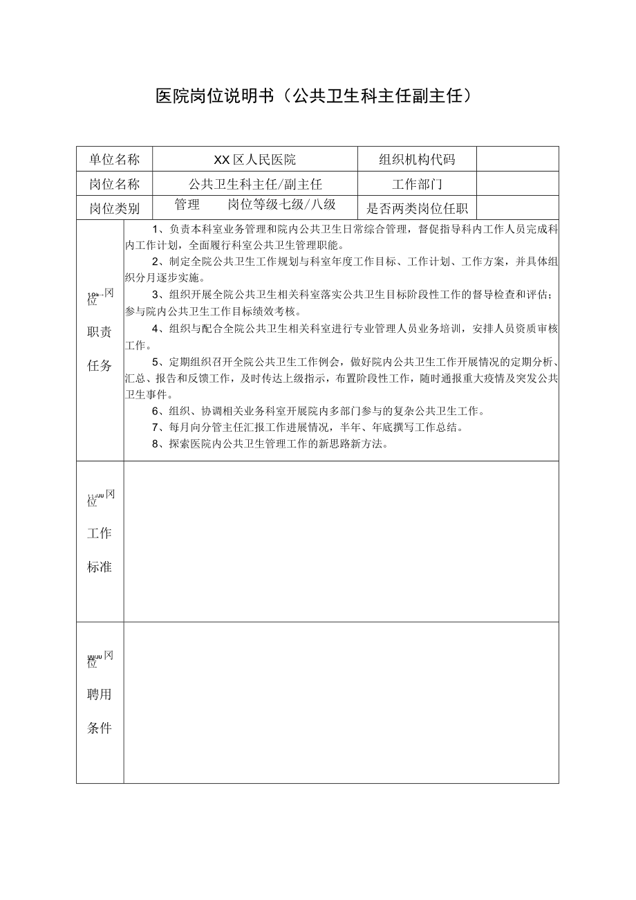 医院岗位说明书（公共卫生科主任副主任）.docx_第1页