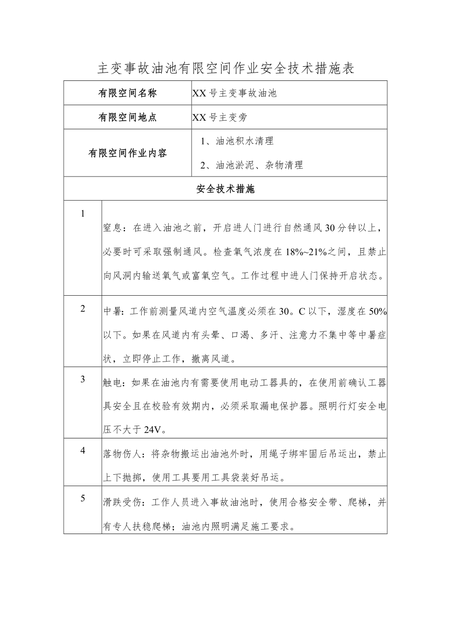 主变事故油池有限空间作业安全技术措施表.docx_第1页