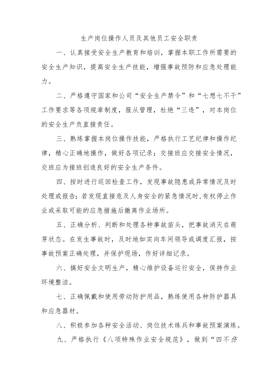 生产岗位操作人员及其他员工安全职责.docx_第1页