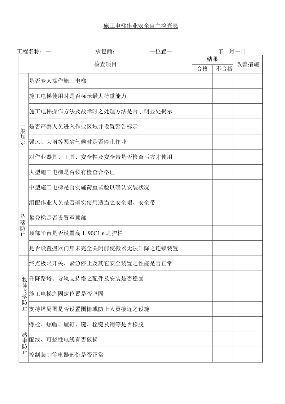 施工电梯作业安全自主检查表.docx_第1页