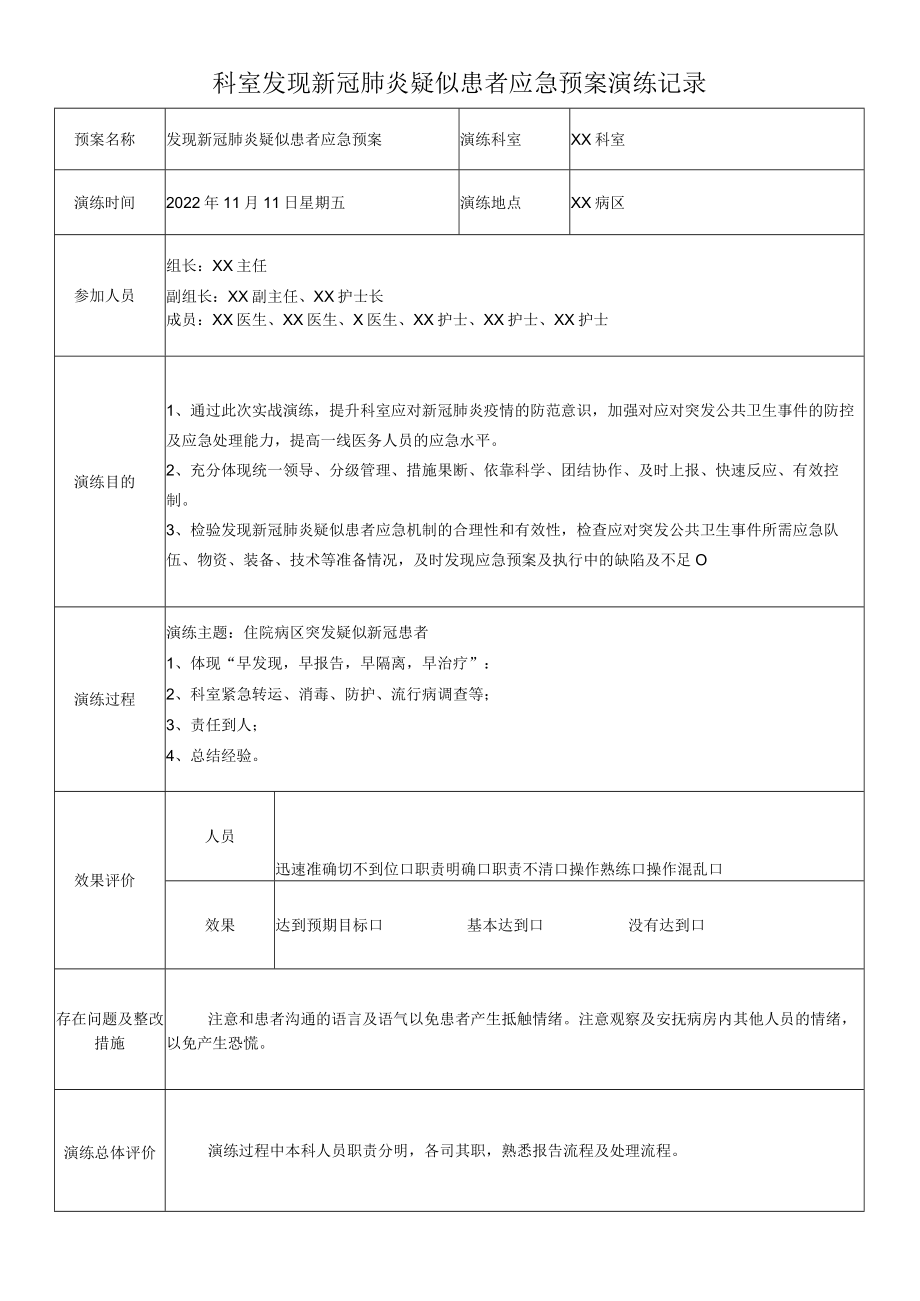 科室发现新冠肺炎疑似患者应急预案演练记录.docx_第1页