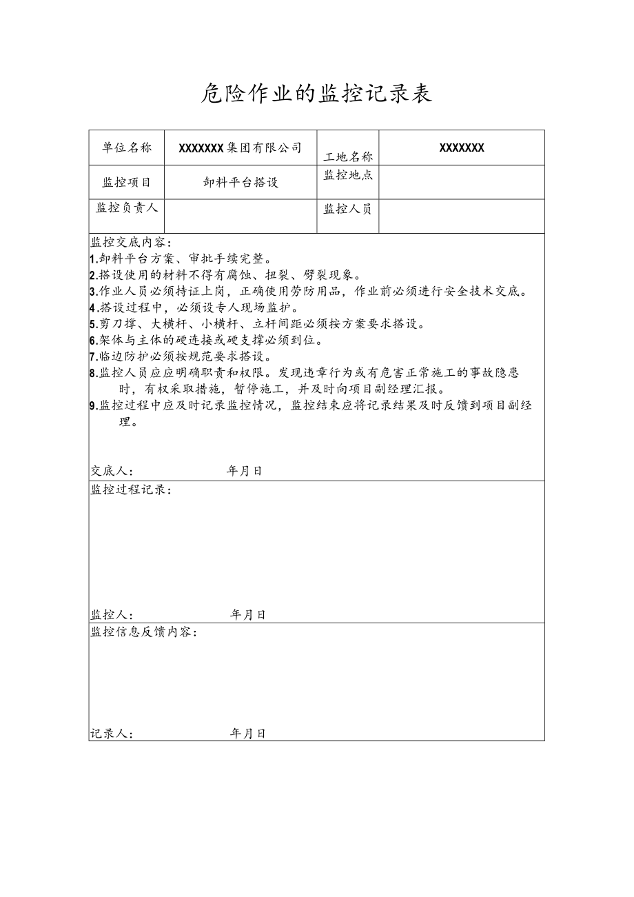 危险作业的监控记录表（卸料平台搭设）.docx_第1页