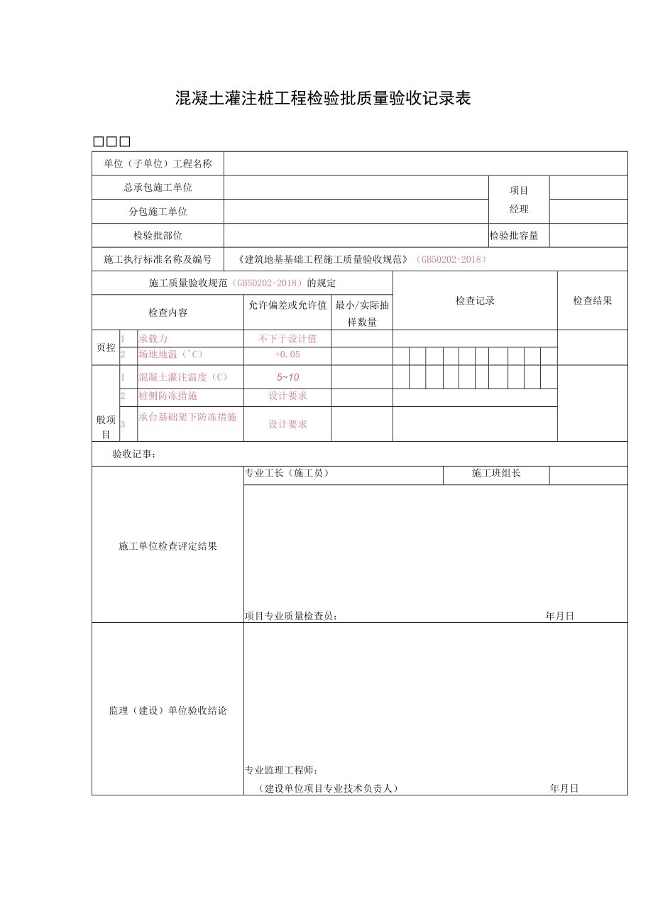 混凝土灌注桩工程检验批质量验收记录表.docx_第1页