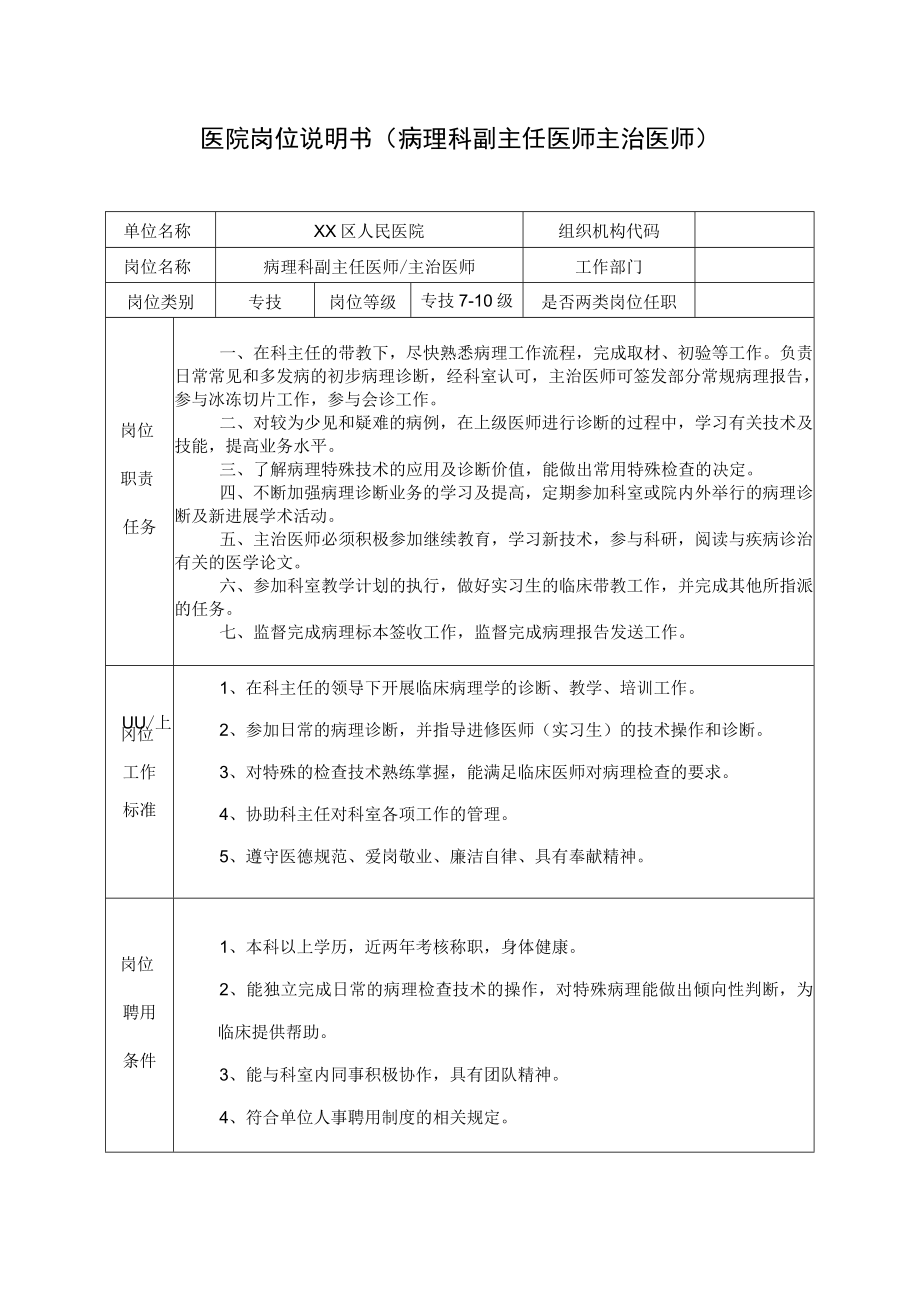 医院岗位说明书（病理科副主任医师主治医师）.docx_第1页