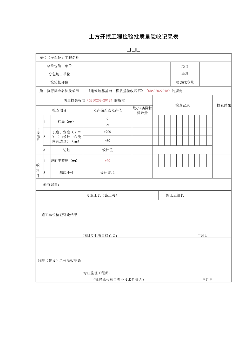 土方开挖工程检验批质量验收记录表.docx_第1页