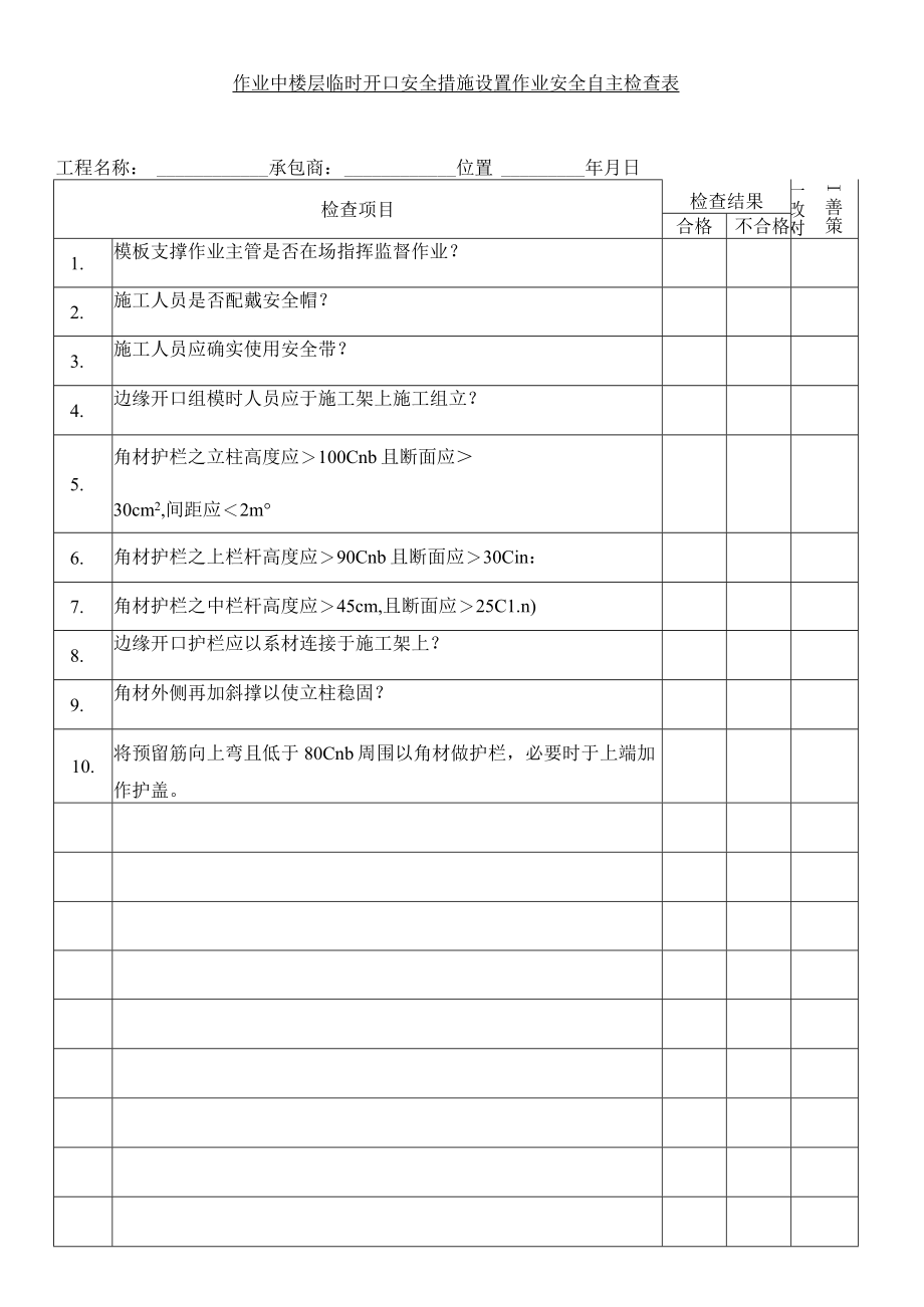 作业中楼层临时开口安全措施设置作业安全自主检查表.docx_第1页